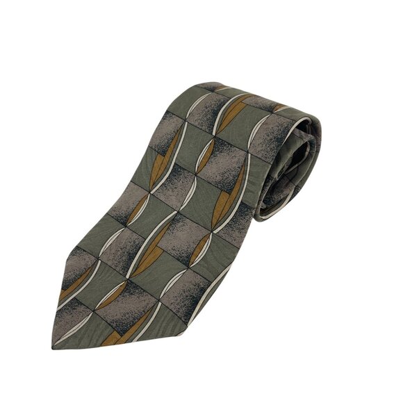 Gianno 100% Silk Mens Tie With Geometric Green & Gold Pattern Made In USA Busine - Picture 3 of 8